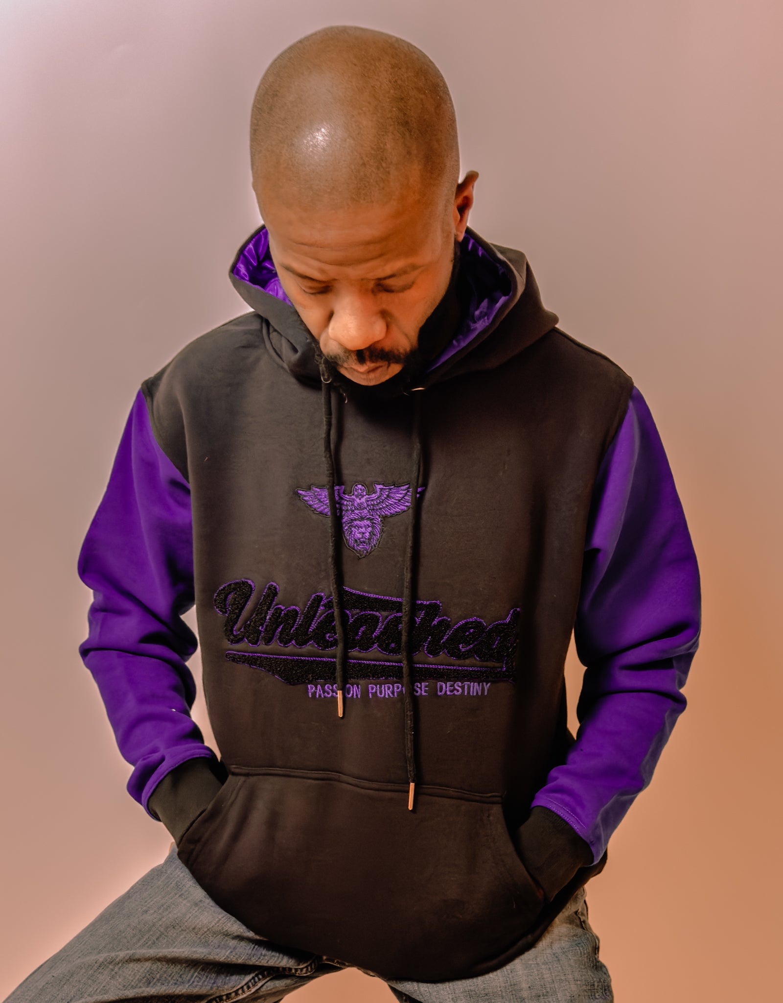 Unleashed Chinelle embroidered Satin lined color blocked hoodies.