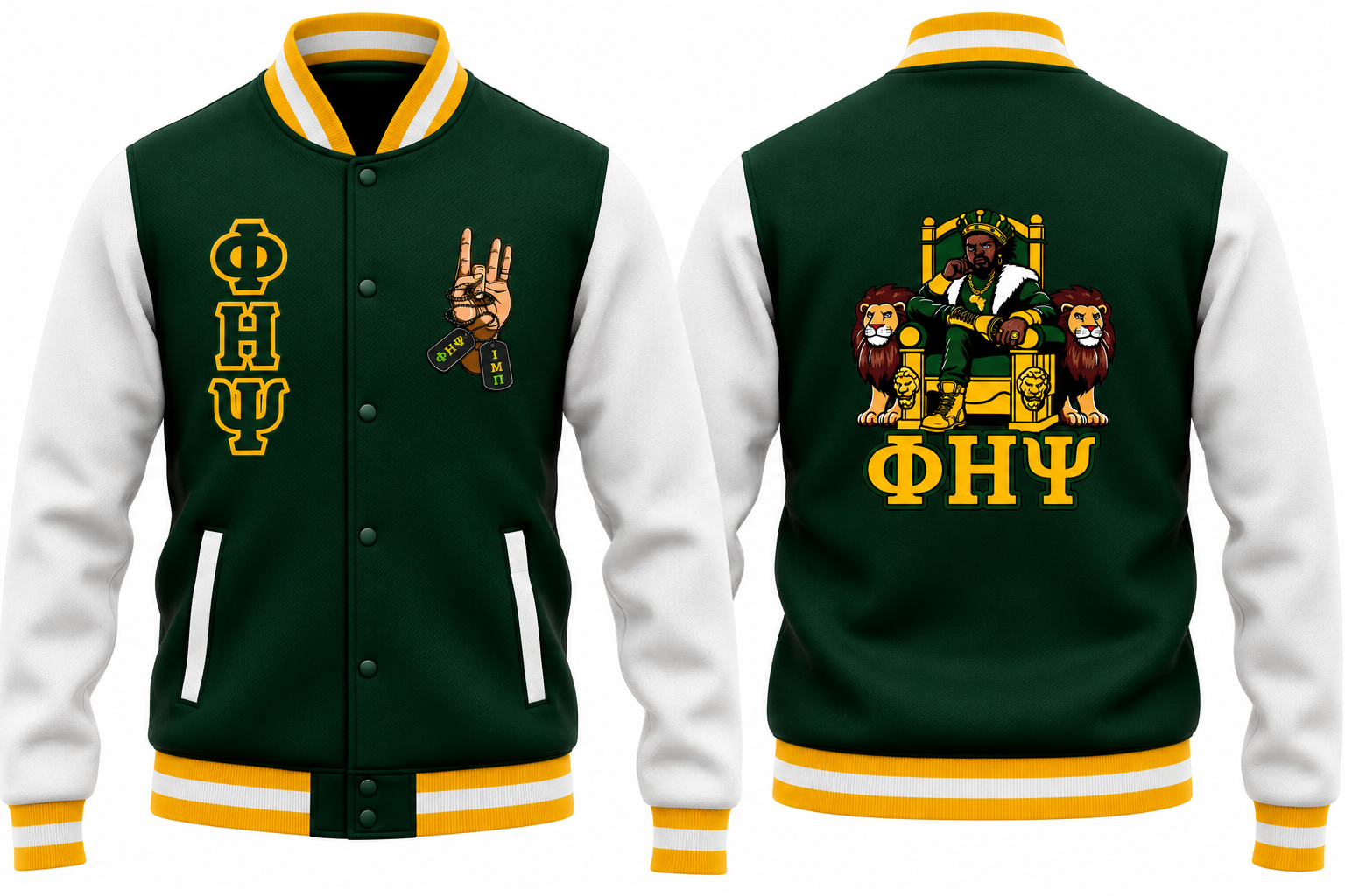 Phi Eta Psi Imperial Throne Varsity Jacket | Green, White & Gold