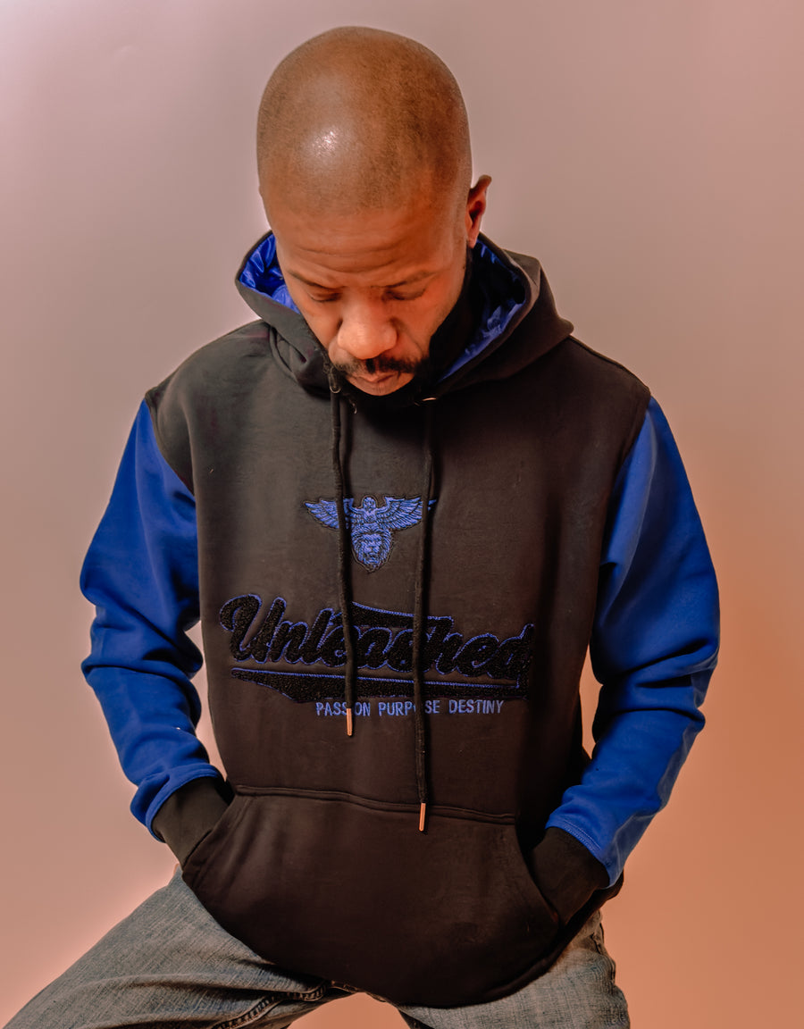 Unleashed Chinelle embroidered Satin lined color blocked hoodies.