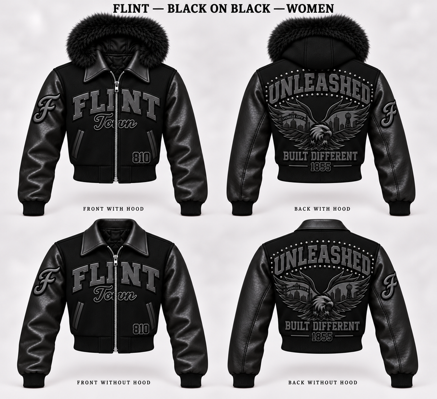 Unleashed Flint Built Different Varsity Coat - Black on Black - Women