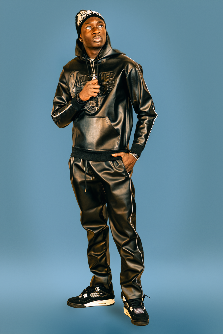 Unleashed "Midnight Luxe Genuine" Leather hooded jogging suit